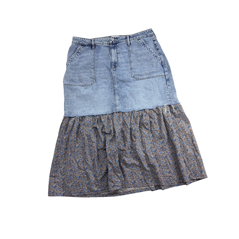 Edited by Remi Bader Denim Floral Tiered Mixed Media Midi Skirt Blue Plus 18W